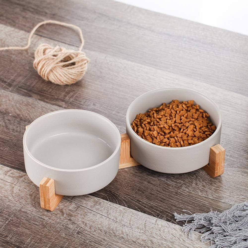 Grey Ceramic Cat Dog Bowl Dish with Wood Stand No Spill Pet Food Water Feeder Cats Small Dogs Set of 2