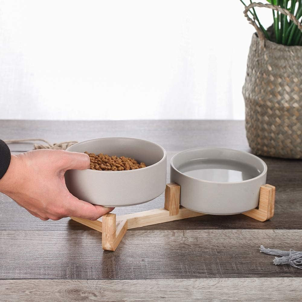 Grey Ceramic Cat Dog Bowl Dish with Wood Stand No Spill Pet Food Water Feeder Cats Small Dogs Set of 2