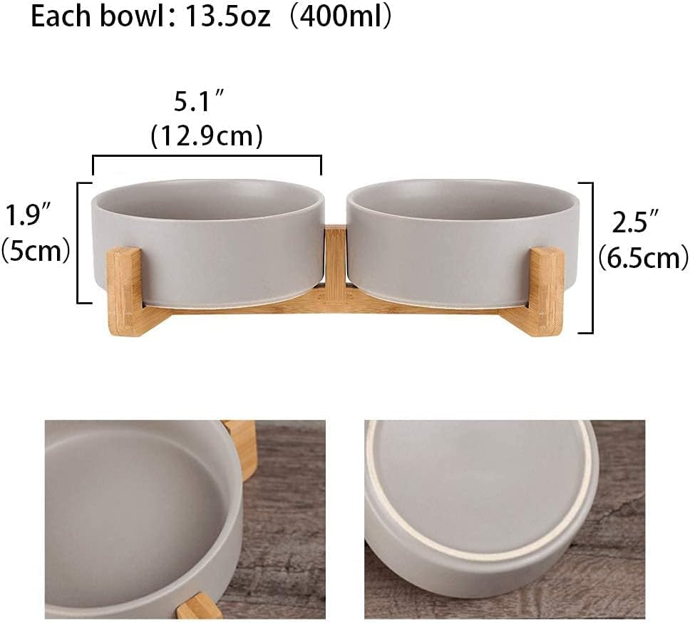 Grey Ceramic Cat Dog Bowl Dish with Wood Stand No Spill Pet Food Water Feeder Cats Small Dogs Set of 2